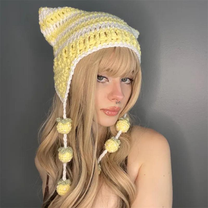 Hasenohren Handgefertigte Strickmütze Verdickte Warme Samtmütze Maske Kapuze Süße Coole Heiße Mädchen Wintermode Straßenmütze