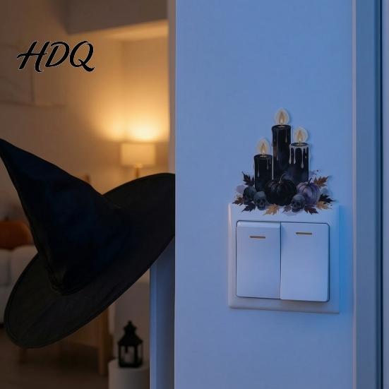Halloween Switch Cover Decals Black Candle Pumpkin Skull Light Sticker, Dark Fairy Tale Removable Skins Wall Decal, Spooky Socket Outlet Decor