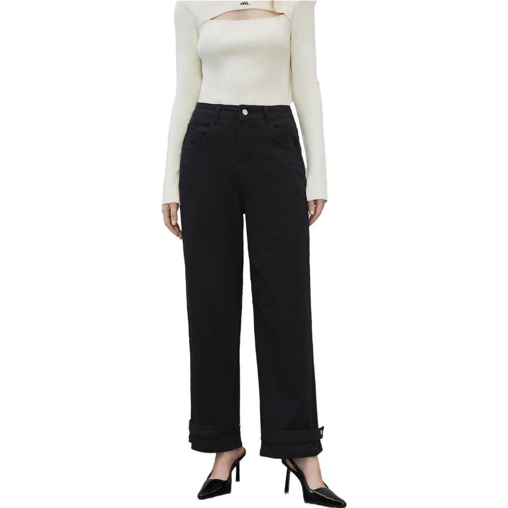 ELLE High-Waisted Straight Leg Jeans Women bottoms Black EQ35836