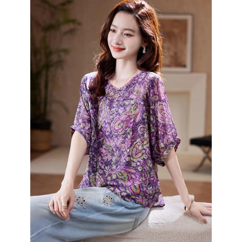 women paisley print blouse round neck batwing sleeve casual loose fit top M фиолетовый