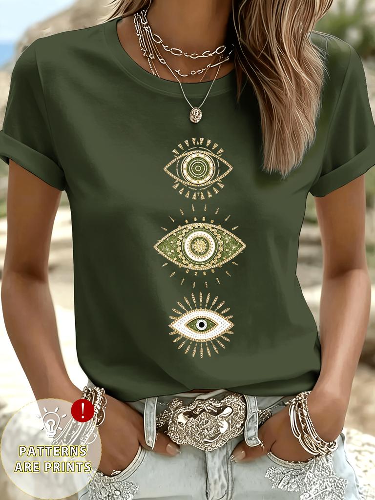 Bohemian Mystery Eye Pattern Top Round Neck Casual Top for Summer Daily and Festival Wearing Womens Clothing