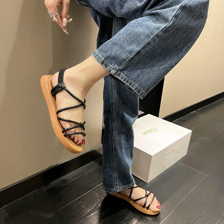 Fashion Comfort Shoes for Women Female Sandal Cross Soft 2025 Summer Strappy Heels Open Toe Girls Beach Flat Low Beige New  Peep Elastic