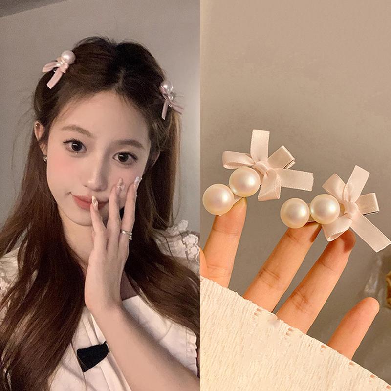 2Pcs Korean Style Exquisite Pink Bow Pearl Hairpins  Temperament Duckbill Clip Bangs Clip For Women Girl Elegant Headwear