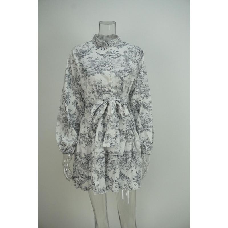 Women Elegant High Waist Tied Printed Long Sleeve A Line Short Dress