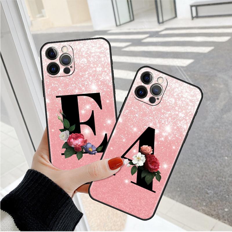 Letter A B C Flowers Pink Case For Apple iPhone 11 15 13 14 Pro Max 12 Plus X 15Pro Black Silicone Phone Coque