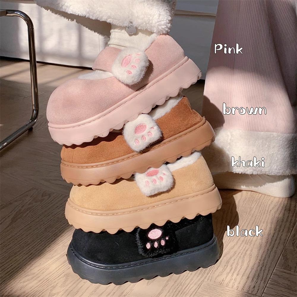 Cute Cat Paw Snow Boots Shoes Winter Velvet Thick Sole Indoor Outdoor Shoes Round Toe Ankle Boots