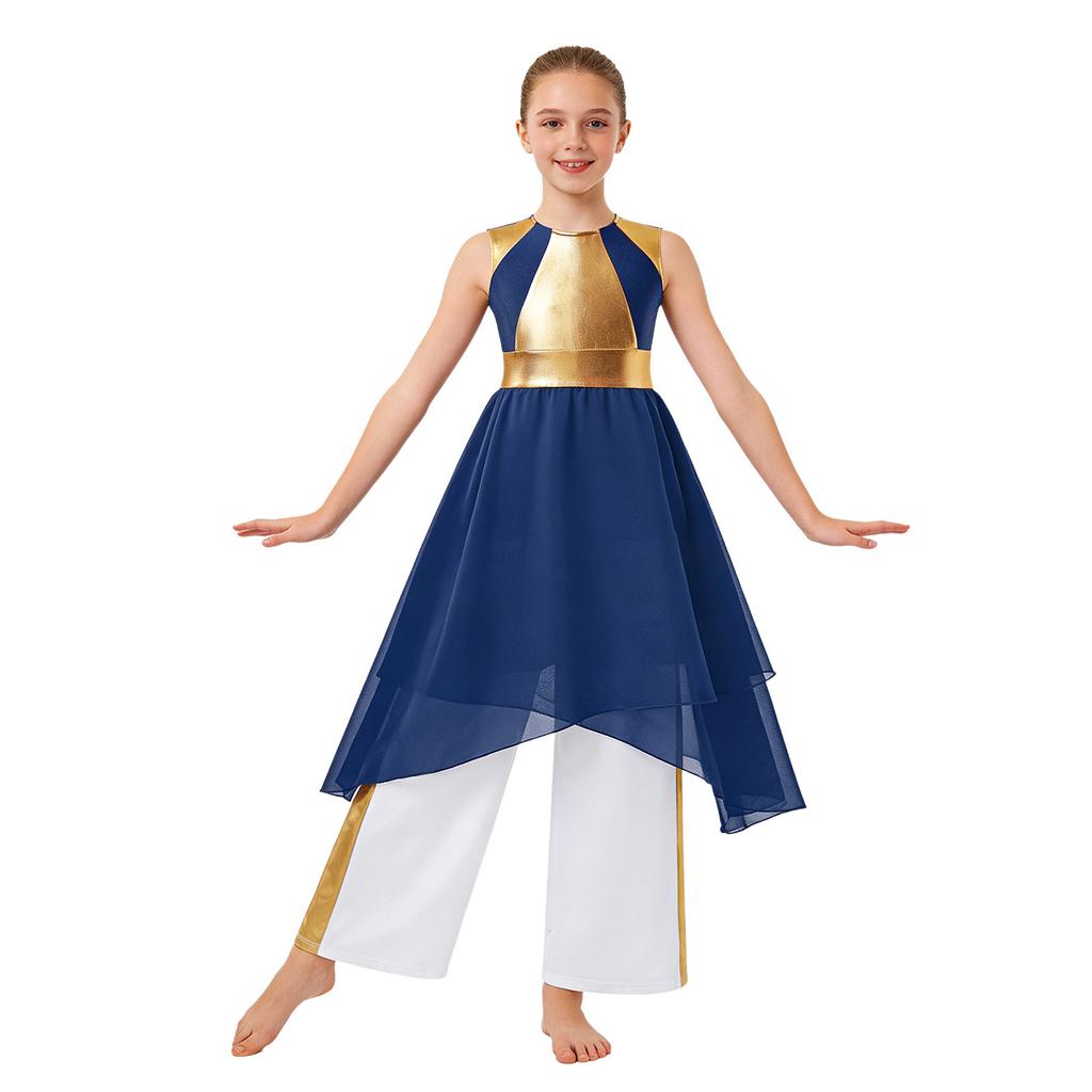 Girls Sleeveless Color Block Metallic Patchwork Dress Wide Leg Pants Praise Worship Dance Costume Set