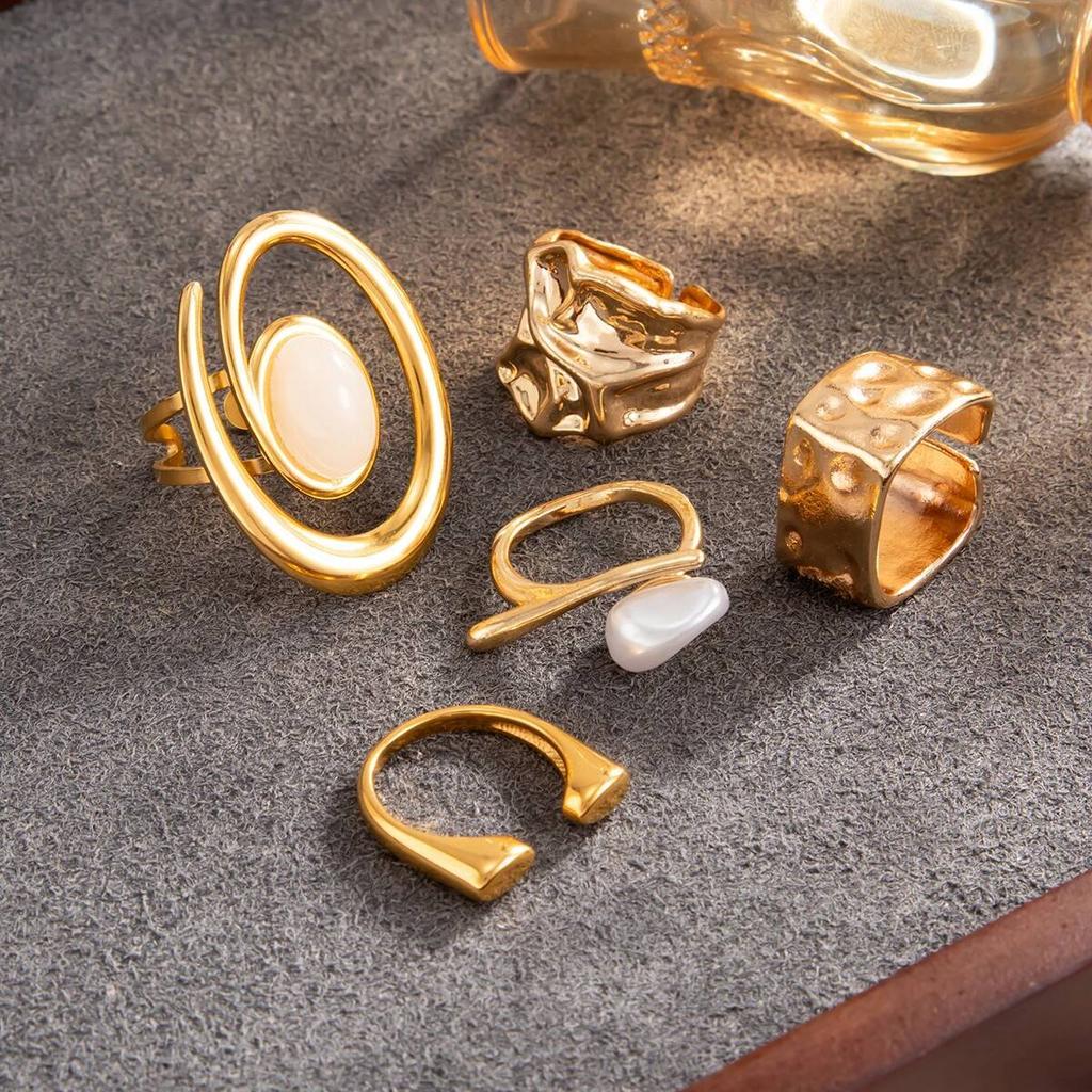 Salircon 5 Pcs Exquisite Imitation Pearl Irregular Adjustable Open Ring Set Trendy Hollow Geometry Stackable Finger Ring Jewelry