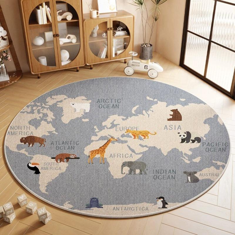 World Map Printing Large Area Round Rug Non-Slip Wear-resistant Circle Carpet for Living Room Bedroom Soft Floor Mat Home Decor