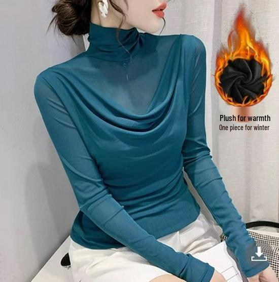 European High Neck Mesh Long Sleeve Top - Women's Slim Fit Autumn Shirt