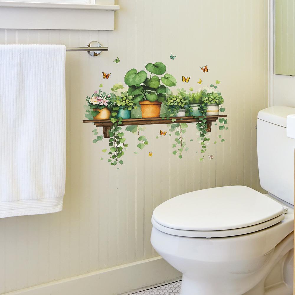 Painted Green Ivy Potted Plant Shelf, Butterfly Living Room and Bathroom Decorative Wall Stickers