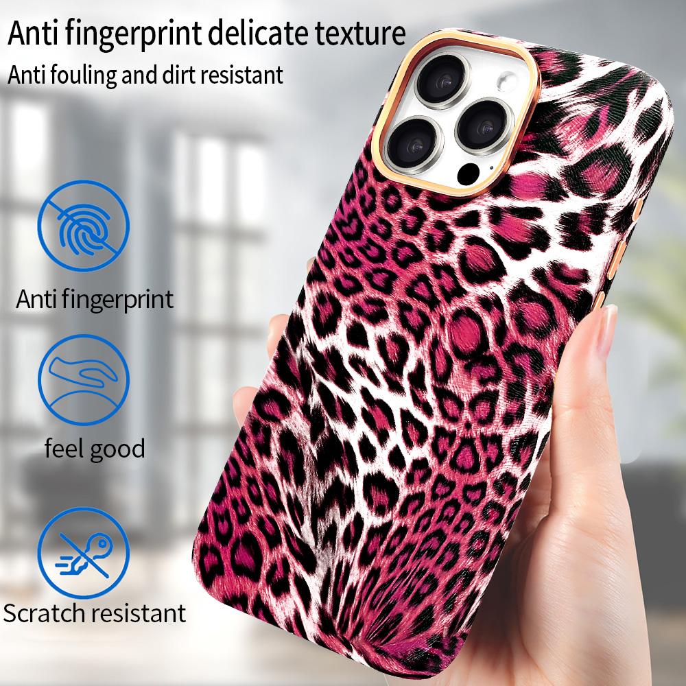 For iPhone 16 Pro Max Case Compatible with MagSafe Leopard Texture PU+PC Phone Cover