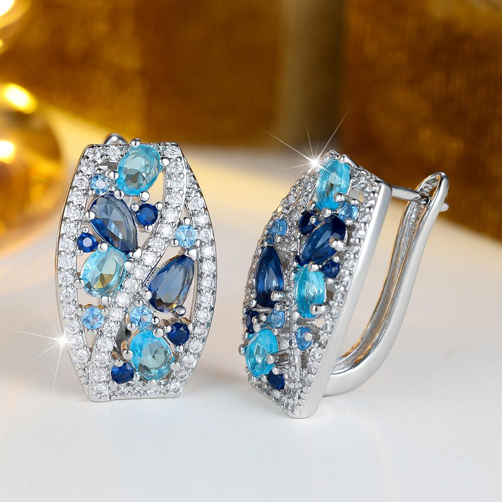 Colorful White Blue Zircon Clip Earrings for Women Silver Color Wedding Party Jewelry Gifts