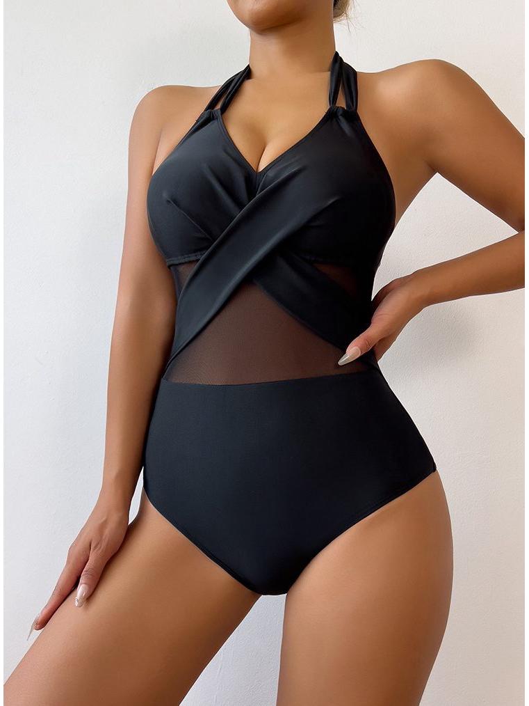2025 European & American Solid Color Mesh One-Piece Conservative Bikini for Women