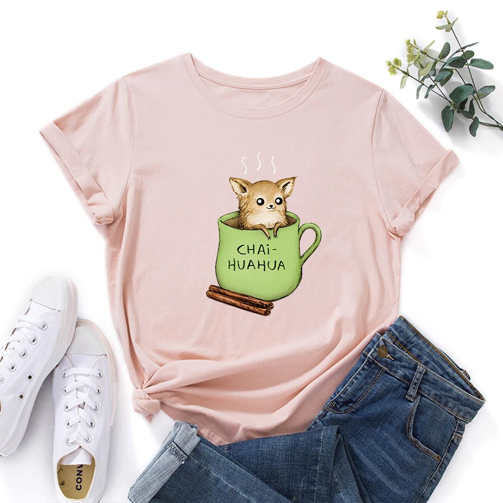 Summer Round Neck Cute Dog and Tea Cup Design Printed T-shirtsFashionable Casual Pure Cotton Short Sleeved Women's T-shirts