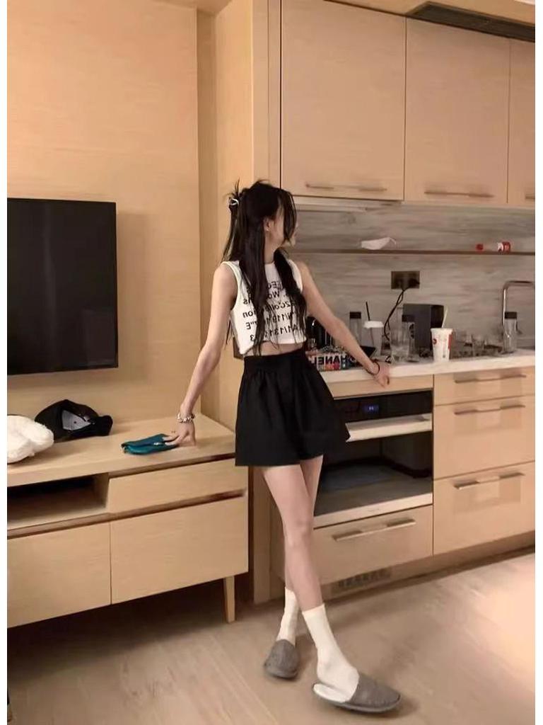 Women's Summer Washed Cotton Wide-Leg High Waist Shorts, Korean Style, Slimming, Solid Color, Versatile, Casual.