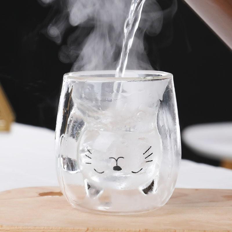 Taza de Café de Vidrio de Doble Capa Linda Gato de la Suerte Dibujos Animados Animales Antiescaldado Tazas de Desayuno Leche Tazas Divertidas Regalo Para Amigo Niño