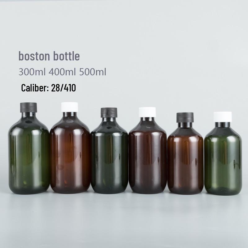 300ml & 500ml PET Plastic Refillable Shampoo & Shower Gel Boston Bottles 100ml Brown Boston Bottle; R24 White Cap; PET