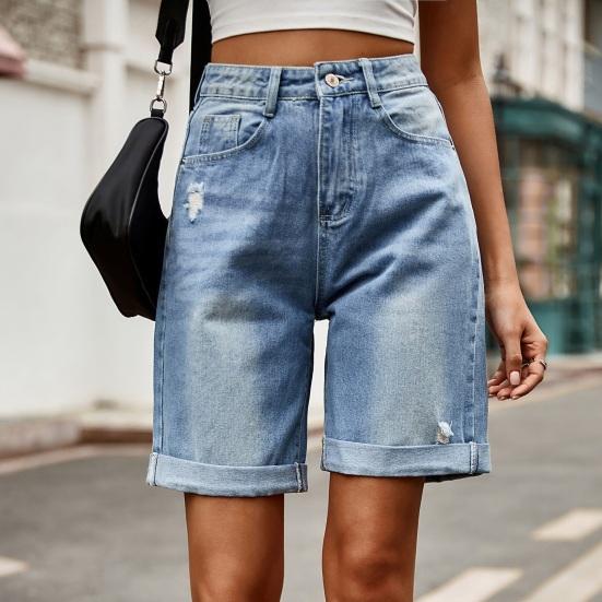 Summer Women Denim Shorts Mid Waisted Knee Length Stretchy Casual Wide Straight Leg Distressed Cuffed Jeans Short Pants with Pockets