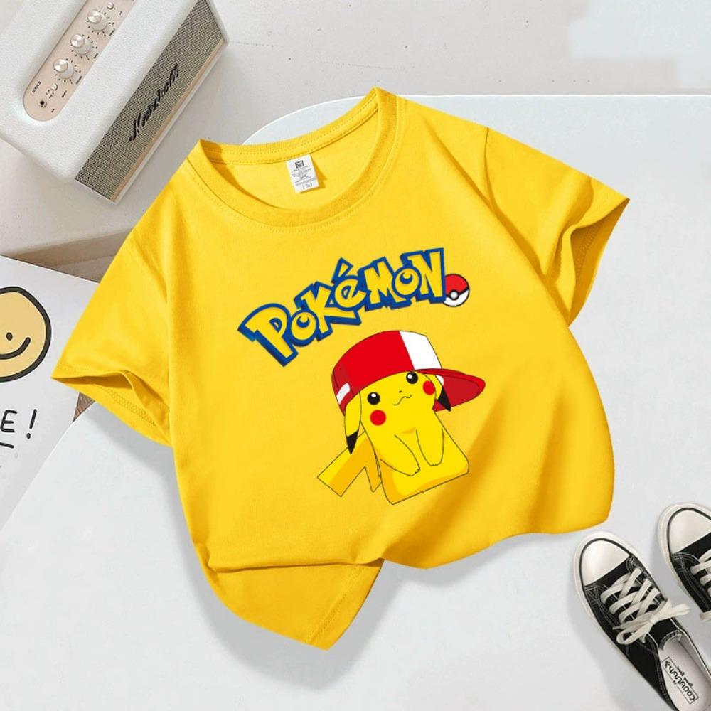 Summer Children's Playful Pikachu Print Short-sleeved Casual T-shirt for Boys and Girls, Comfortable and Soft.