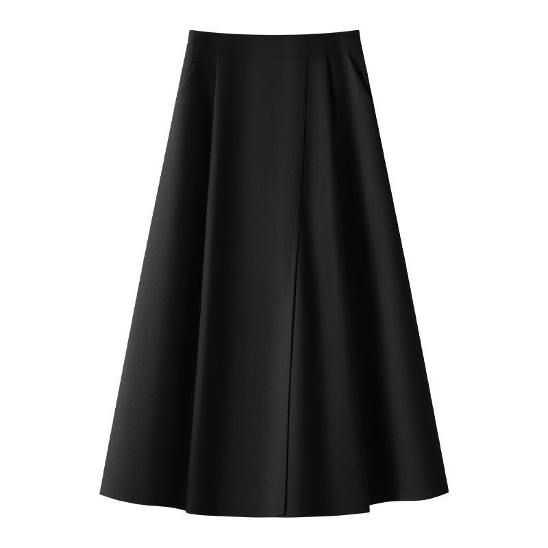 Women's Gray Pleated A-Line Midi Skirt - 2024 Fall/Winter, Elastic Waist, Slimming Fit