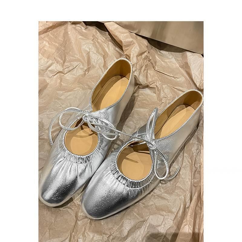Soft Leather French Retro Beautiful Flat Shoes Soft Sole Niche Lace-up Loafers Gold Silver Mary Jane Single Shoes Women