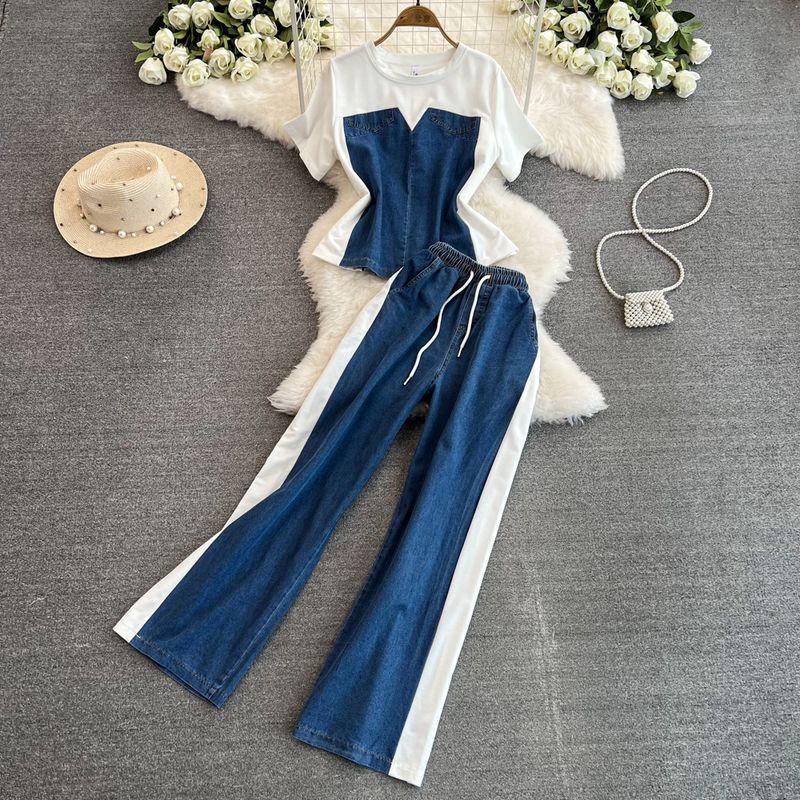 Chic Hong Kong Style Suit Women's Stylish Short Sleeve T-Shirt Patchwork Denim Tops + High Waist Casual Straight Pants Two-piece Set