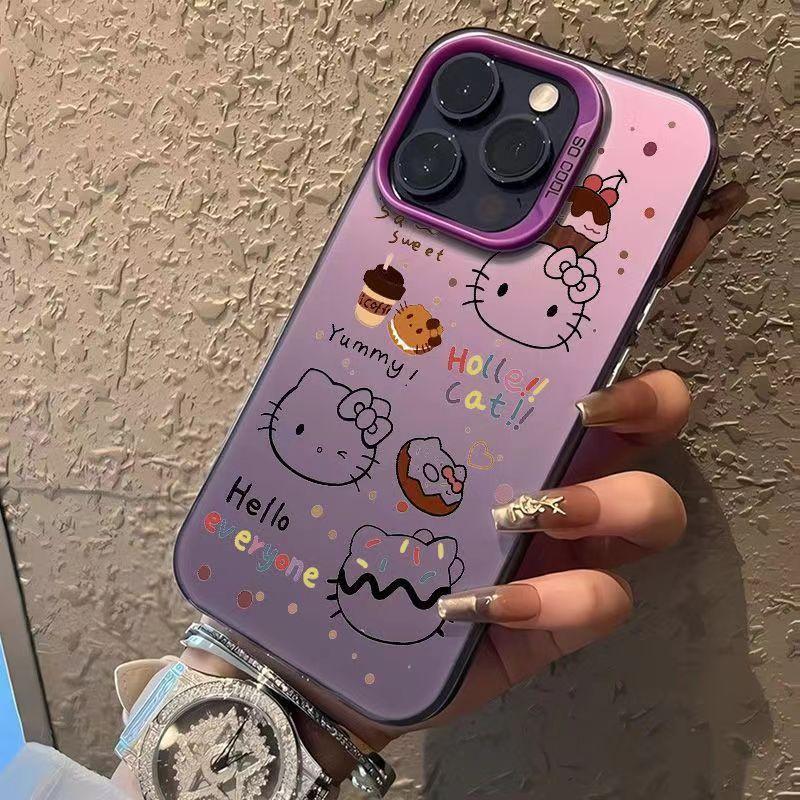 Full-screen Hello Kitty phone case for iPhone 16 Pro Max, cute cartoon design, 14/13/12/11, double-layered, colored silver.