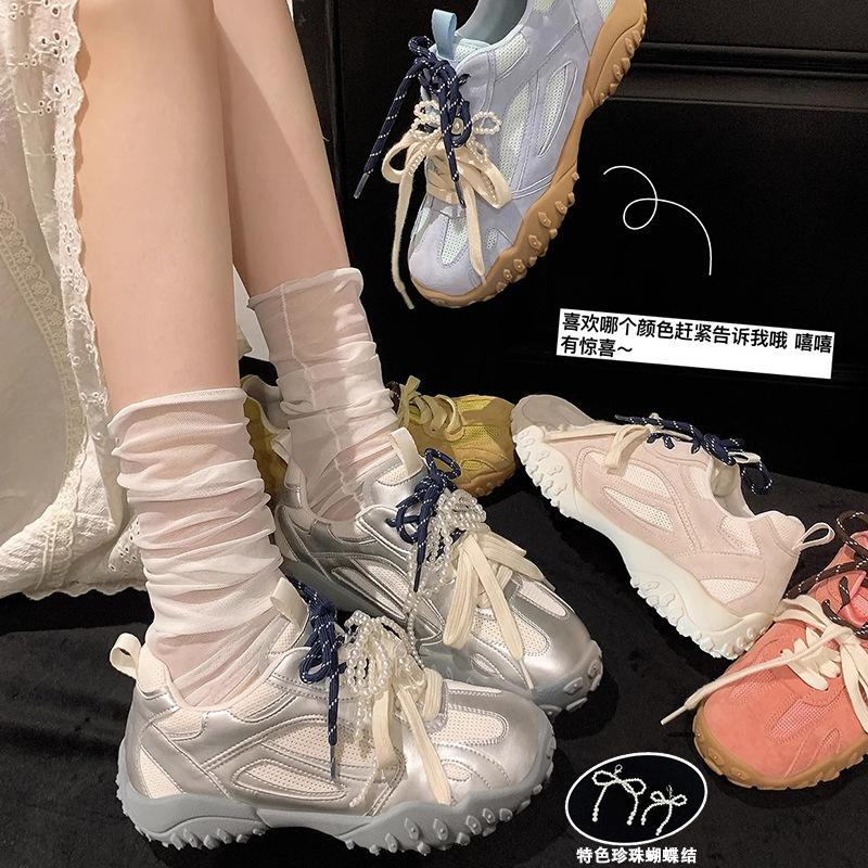 Uncle Wen has the same spot casual shoes for women's 2025 new models with pearl bow thick-soled inner height-increasing German training shoes for wom