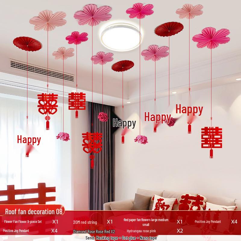 Wedding Ceiling Decoration: Double Happiness Pull Flower Ornament for Bedroom
