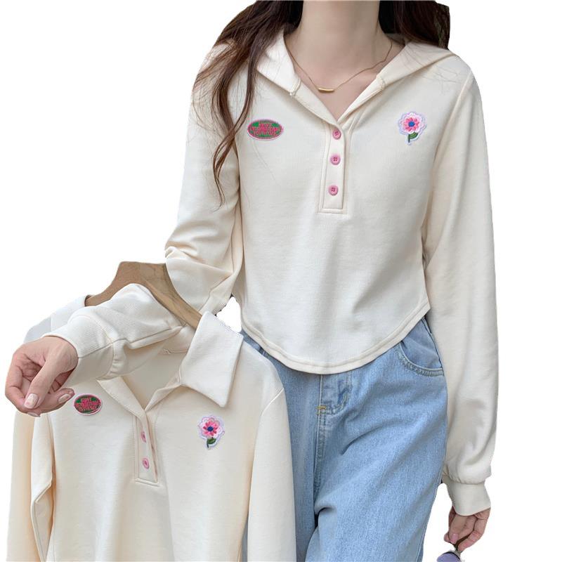 Women's Apricot Polo Long Sleeve Cropped Hoodie - Stylish Autumn/Winter 2023 Pullover with Hood