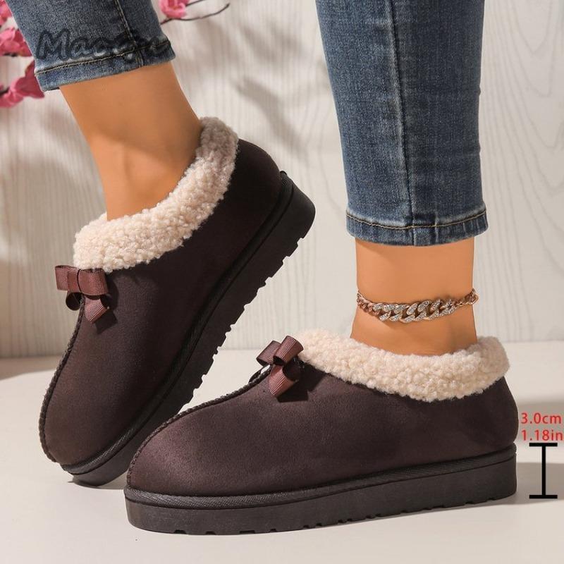 Autumn Winter Women's Footwear Plush Snow Boots Bow-tie Suede Warm Slip On Round Toe Boots Non-slip Thick Bottom Women Shoes
