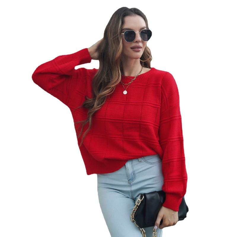 Women Loose Fit Long Sleeve Plaid Knit Sweater Autumn Winter