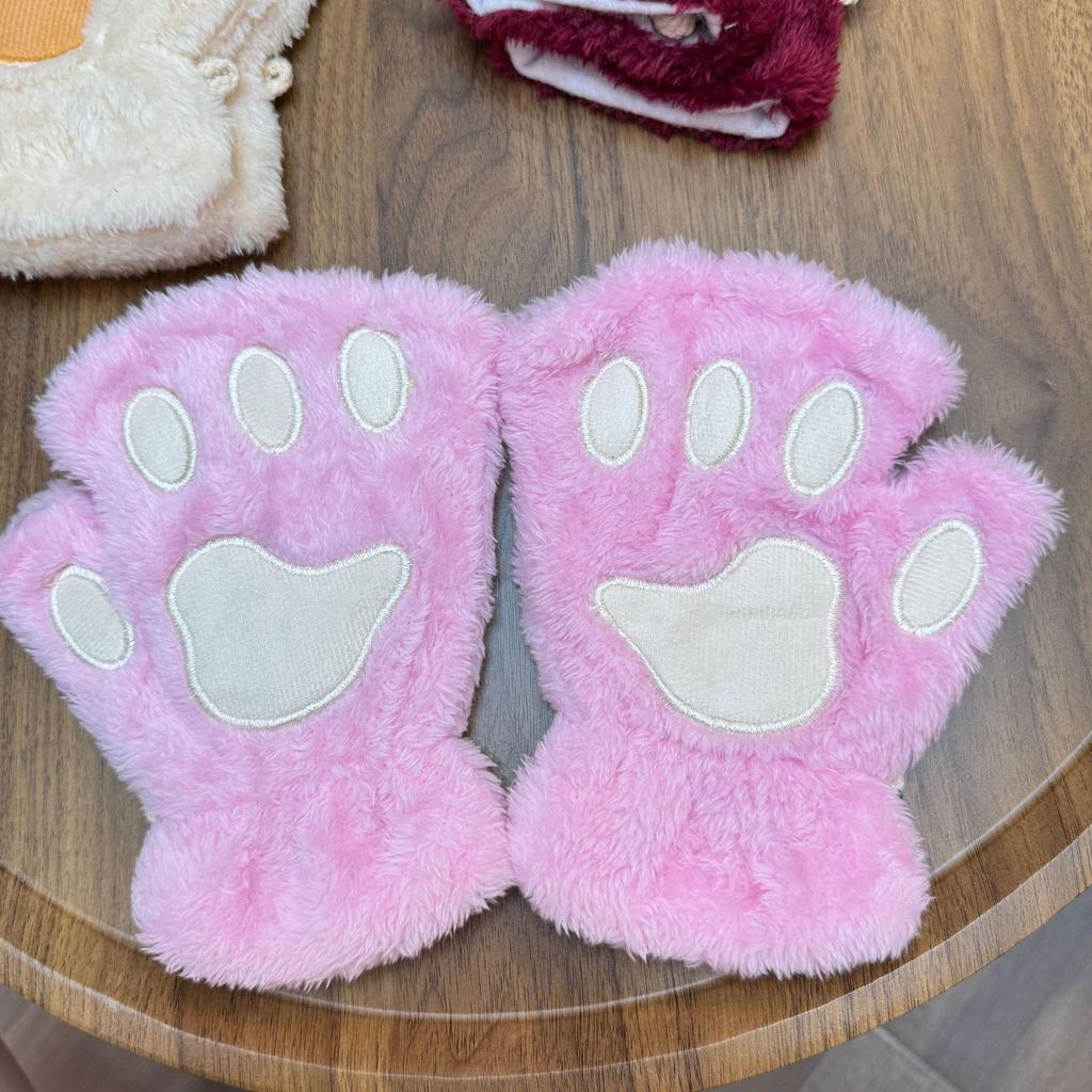 Women's Cute Cat & Bear Paw Fingerless Fleece Gloves