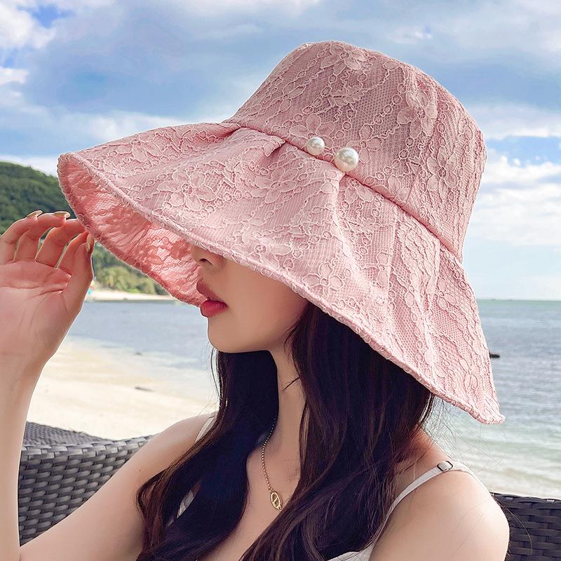 Big Edge Bucket Hat Women's Summer Sweet Tie Pearl Lace Flower UV anti-UV Sunshade Basin Hat