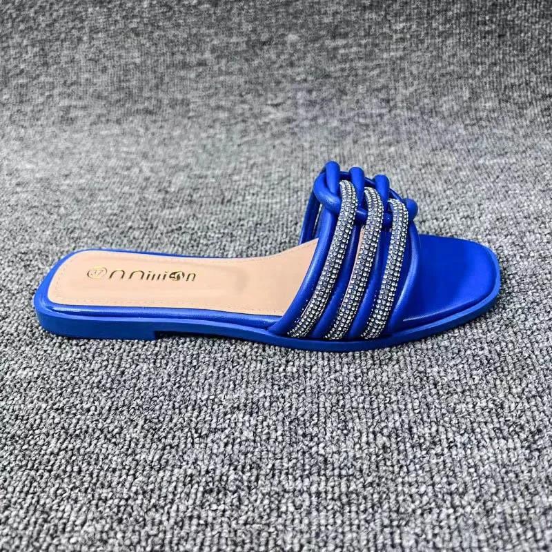 New Crystal Stone Stripes Slippers for Women Shoes Fashion Luxury Designer Flat Slides Rhinestone Sandals Chaussure Femme