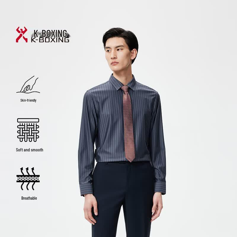 K-Boxing Men s Business Striped Mulberry Silk Blend Long-Sleeve Shirt 170/M
