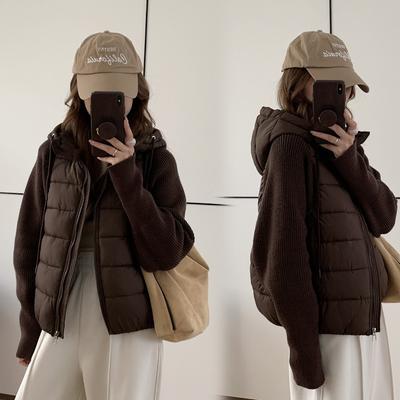 Light and Thin Knitted Splicing Cotton-padded Clothes Women's Short Hooded Cotton-padded Clothes, Cotton-padded Jackets and Jackets Are Trendy.