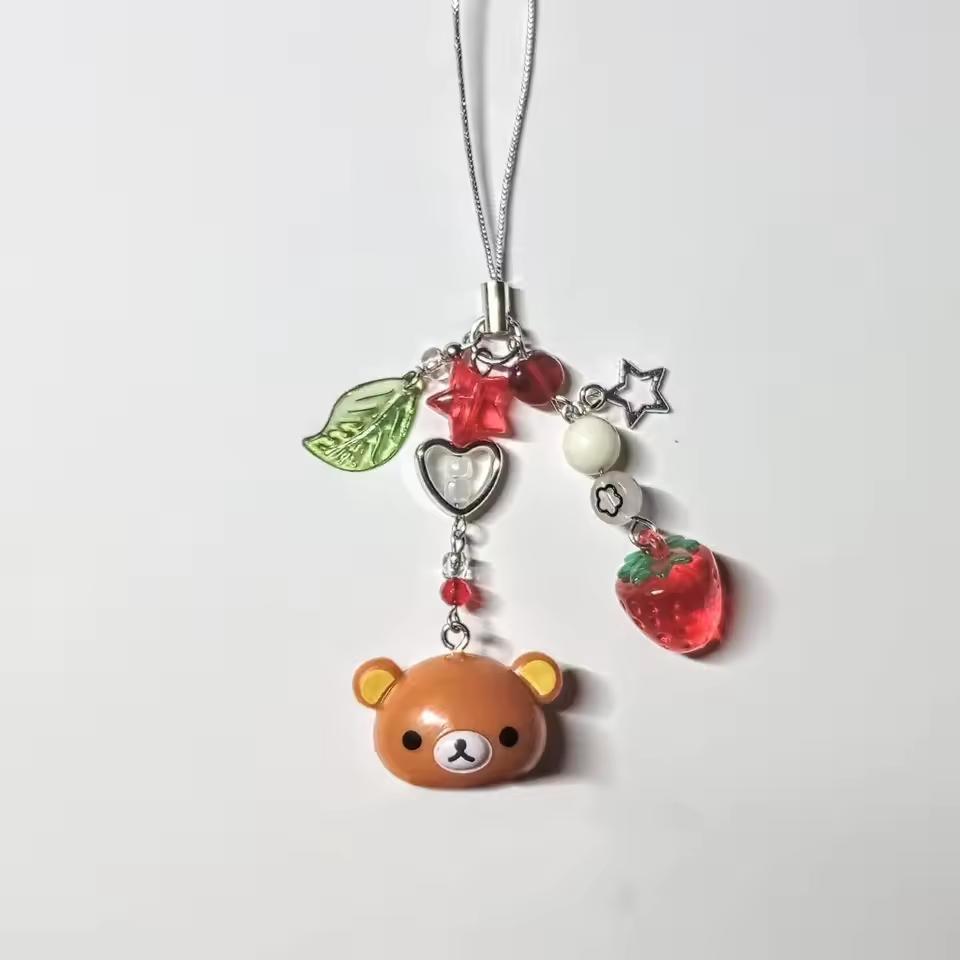 Cute Rilakkuma Bear Bell Matching Phone Charms Handmade Totoro Cat Star Hanging Chain Beaded Pendant Cardbook Keychain Gifts