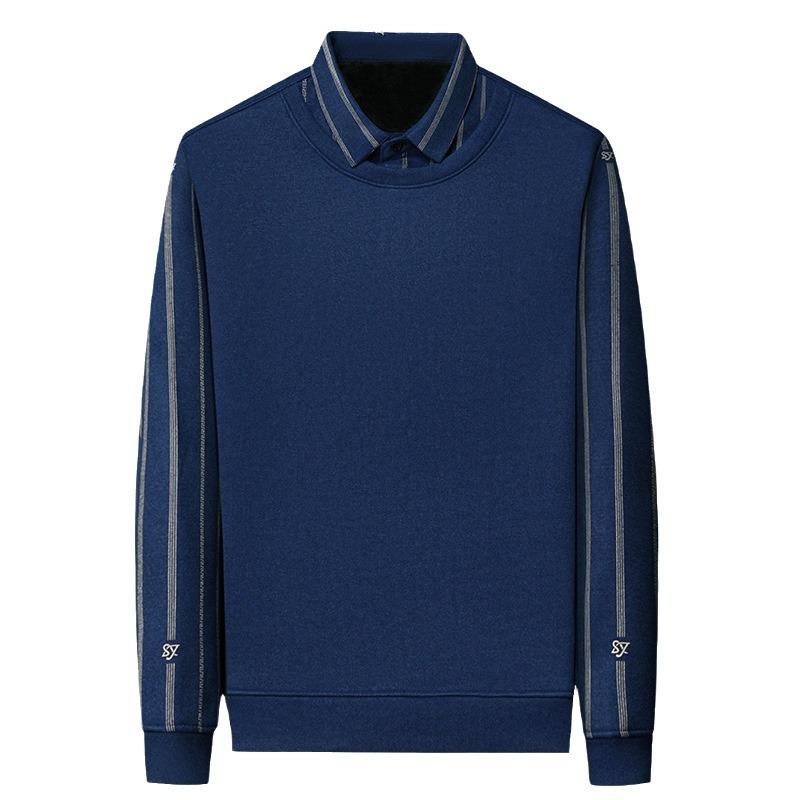 Herren Fleece Fake Zweiteiler Langarmpullover Herbst und Winter Freizeit Hemdkragen Spleißen Gestreift Verdickt Unterteil Poloshirt