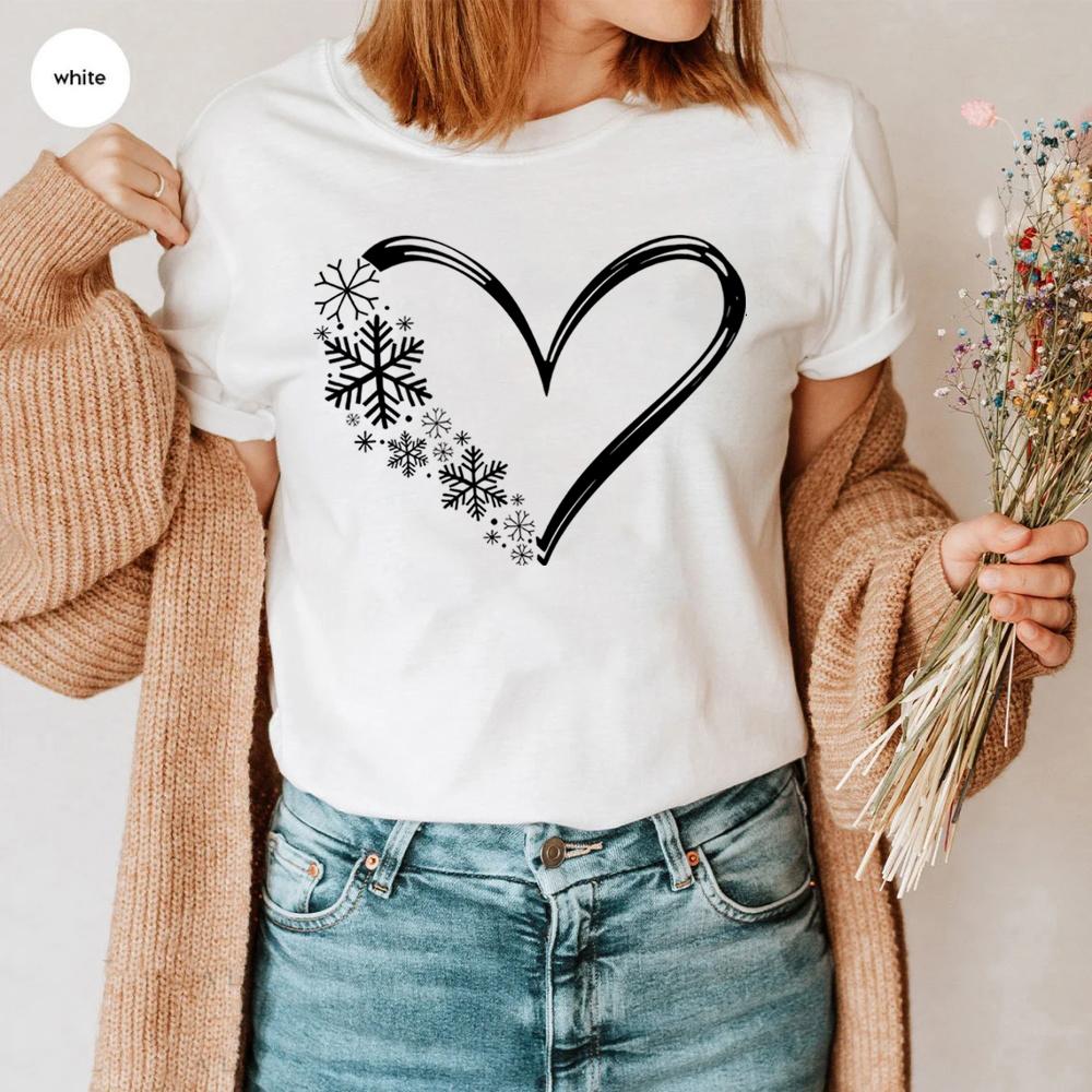 Snowflake Tshirt Christmas Snow Flake Heart Graphic Tee Cozy Winter Shirt Christmas Holiday Matching Family Shirts Xmas Gift