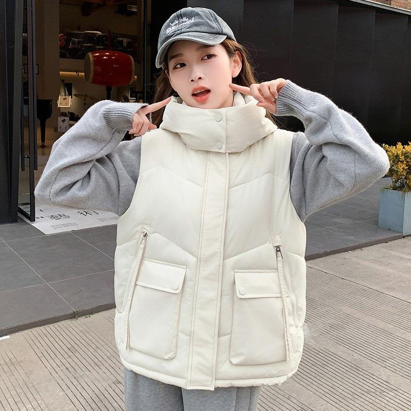 Single cotton vest, large size hooded down cotton vest women's autumn and winter loose cotton vest short cotton vest