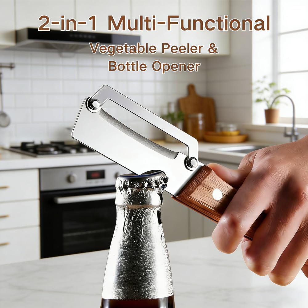 Premium Vegetable Peeler with Wooden Handle and Bottle Opener: 2-in-1 Stainless Steel Kitchen Tool for Fruit Apple Potato Pumpkin Papaya (2 PCS)