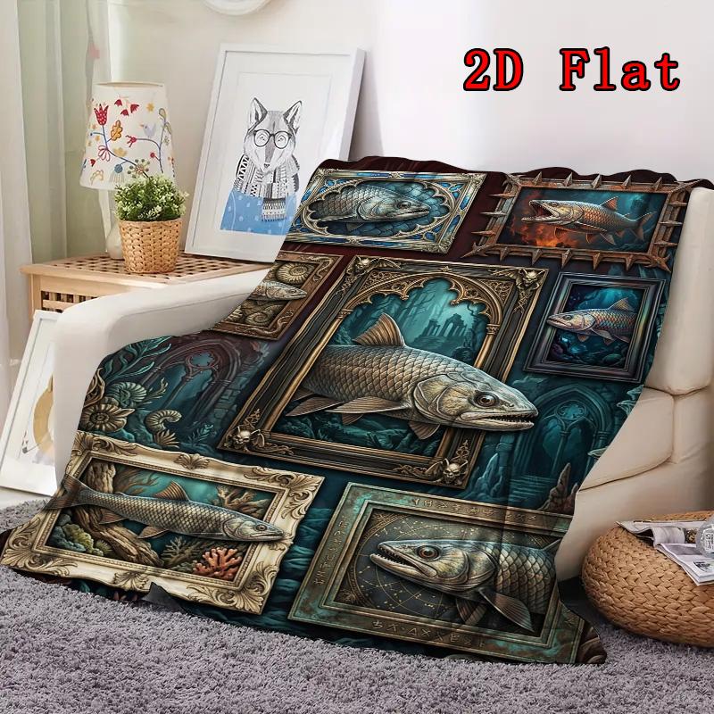 Prehistoric Fish Art 2D Flat Pattern Flannel Blanket, High Quality All Seasons, Home Decor, Warmth and Comfort, Perfect for Christmas Gifts.