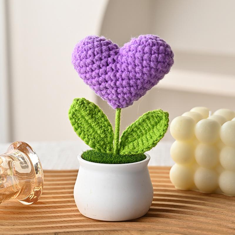 Crochet Flowers Cute Little Heart Potted Artificial Flowers Home Decoration For Living Room Bedroom Desktop Decor Birthday Gifts