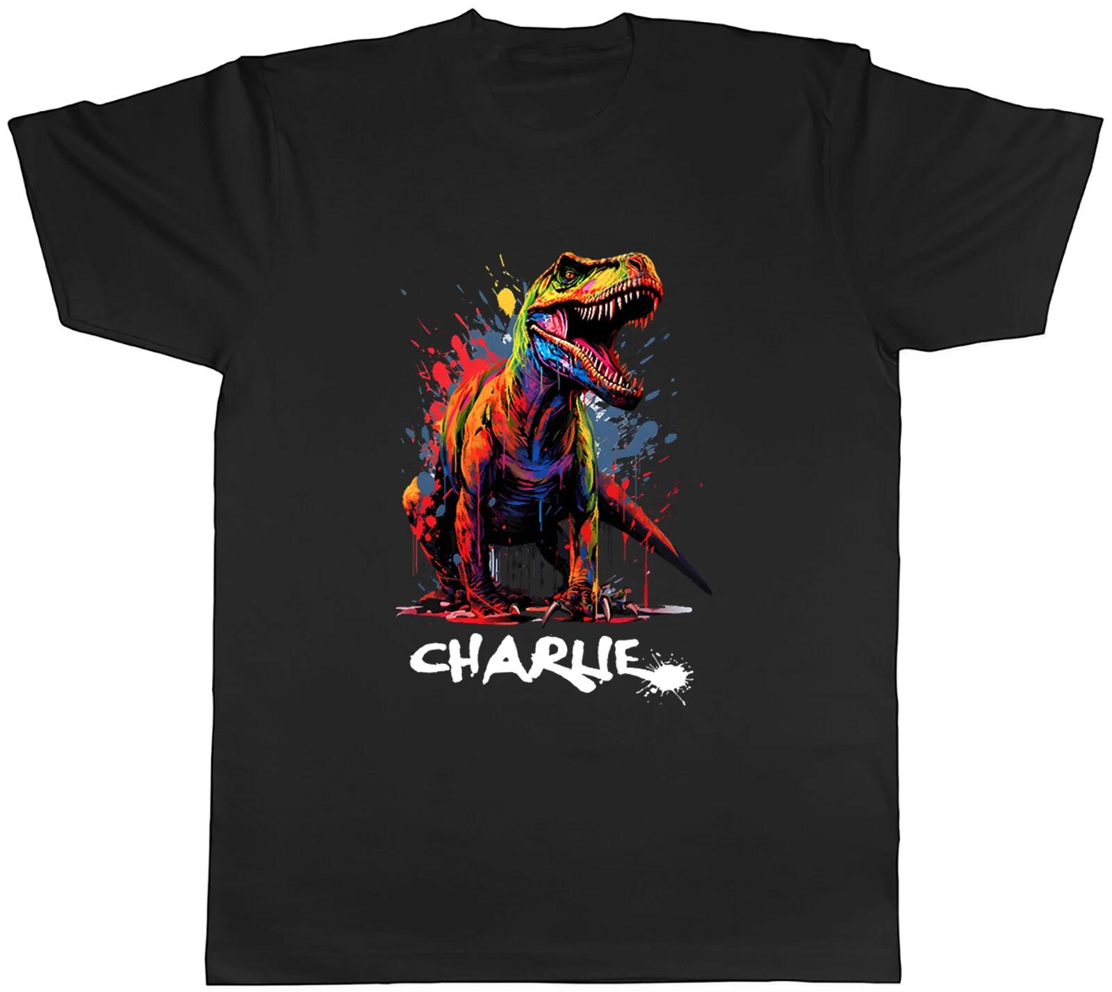 Personalised Any Name T-Rex Dinosaur Mens T-Shirt Brush Paint Splatter Tee Gift XL