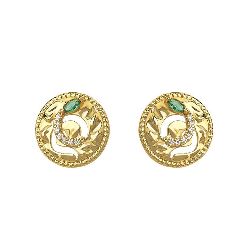 18K Gold-Plated S925 Silver Snake Stud Earrings with Retro Green Zircon