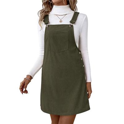Women's Adjustable Strap Corduroy Bib Overall Sleeveless A Line Pinafore Mini Dress Skirt with Pocket
