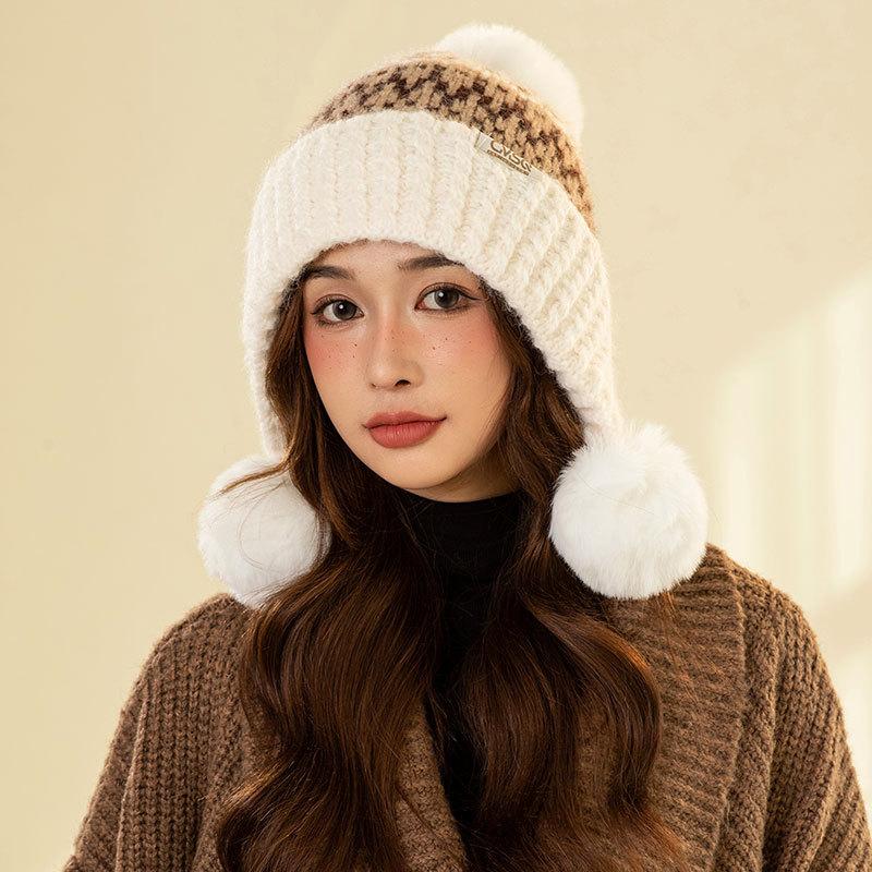 Mode Farbabstimmung Pompon Ohrenschutz Warme Mütze Damen Winter Radfahren Fleece Kälteschutz Wollmütze Tide