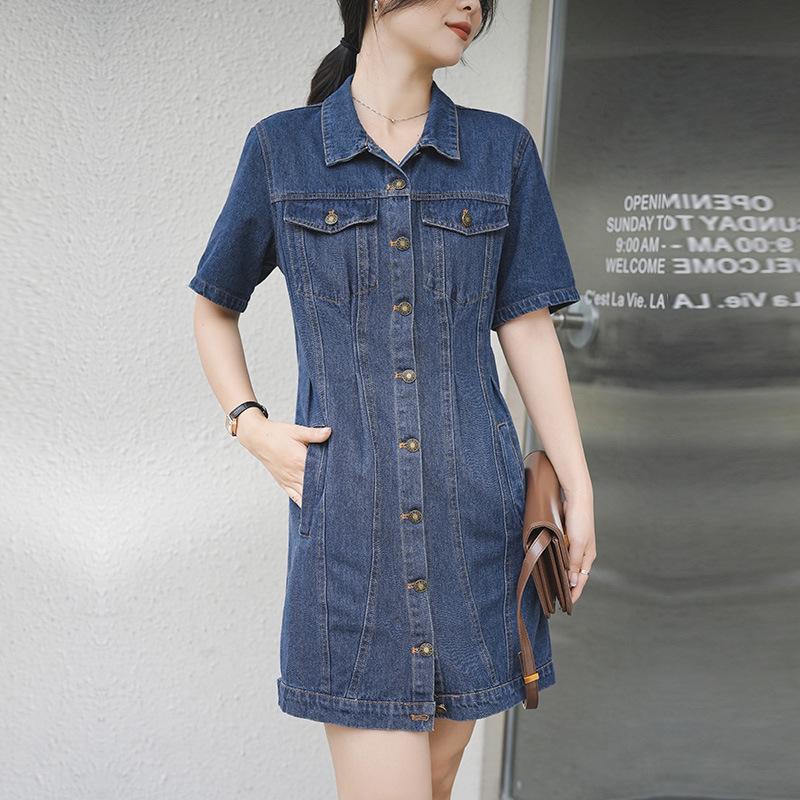 Women's French Retro Polo Dress - Summer 2026 High-End, Waist-Cinched, Slimming Denim Style
